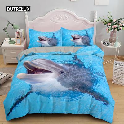 Parure de lit 3D avec motif de dauphin dans la mer bleue, ensemble de literie pour lit simple, housse de couette, pour enfants et adultes, en polyester