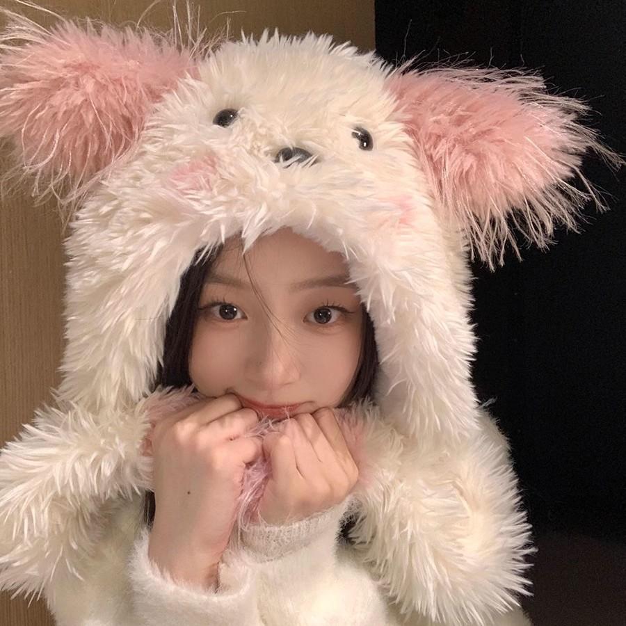 Winter New Cartoon Cute Plush Hat Female Thickened Warm Ears Will Move Puppy Big Head Circumference Plush Hat