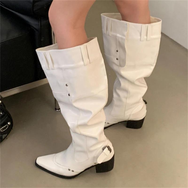 Fashion Eilyken 2025 New Fashion Pointed Toe Women Knee-High Boots Design Button Strap Square Low Heels Party Dress Shoes