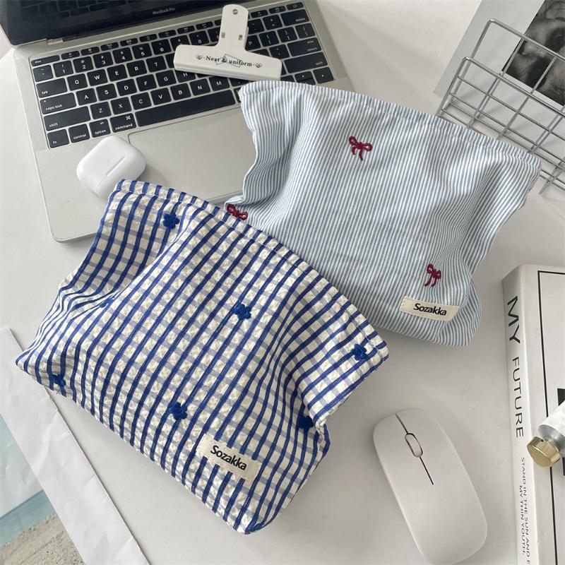 Fashion Fresh Striped Plaid Cosmetic Bag Korean Simple Bow Embroidered Makeup Bag Storage Bag Toiletry Storage Pouch