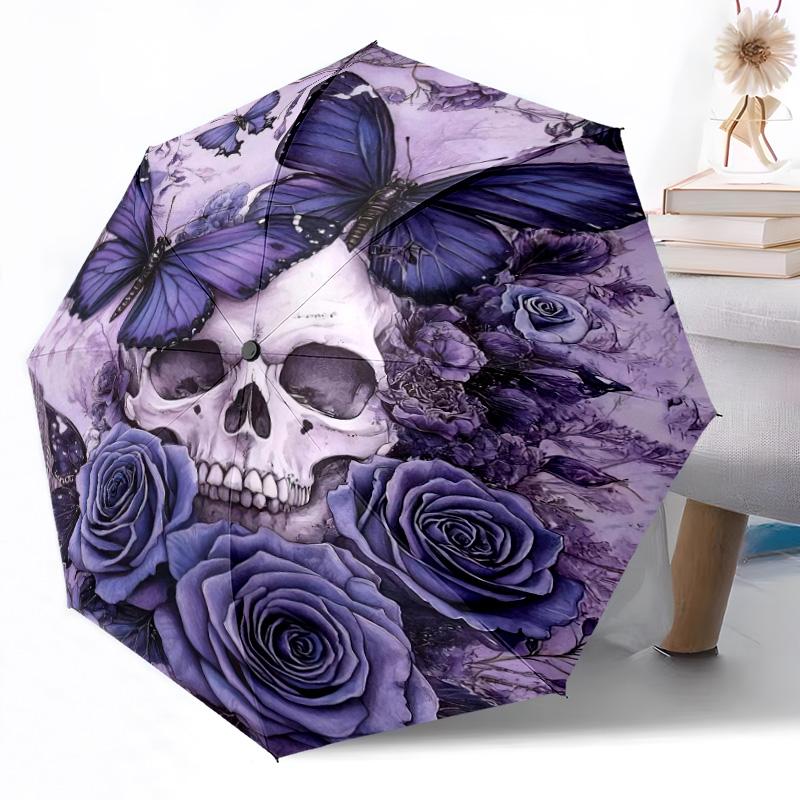 Butterflies Skull and Roses Outdoor Automatic Umbrella Sturdy 8 Rib Durable Plastic Iron Outdoor Daily Use Outdoor Accessory Perfect Gift Friends