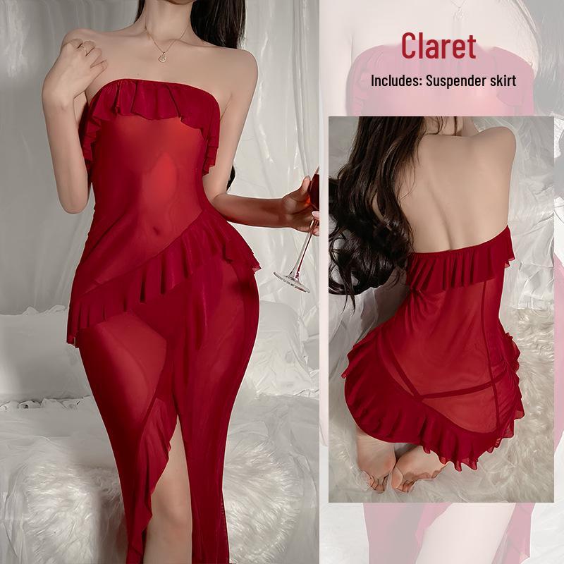 

Топ-платье на бретелях из сетки с открытыми плечами в стиле инфлюенсера с соблазнительным косым разрезом Large вино красного