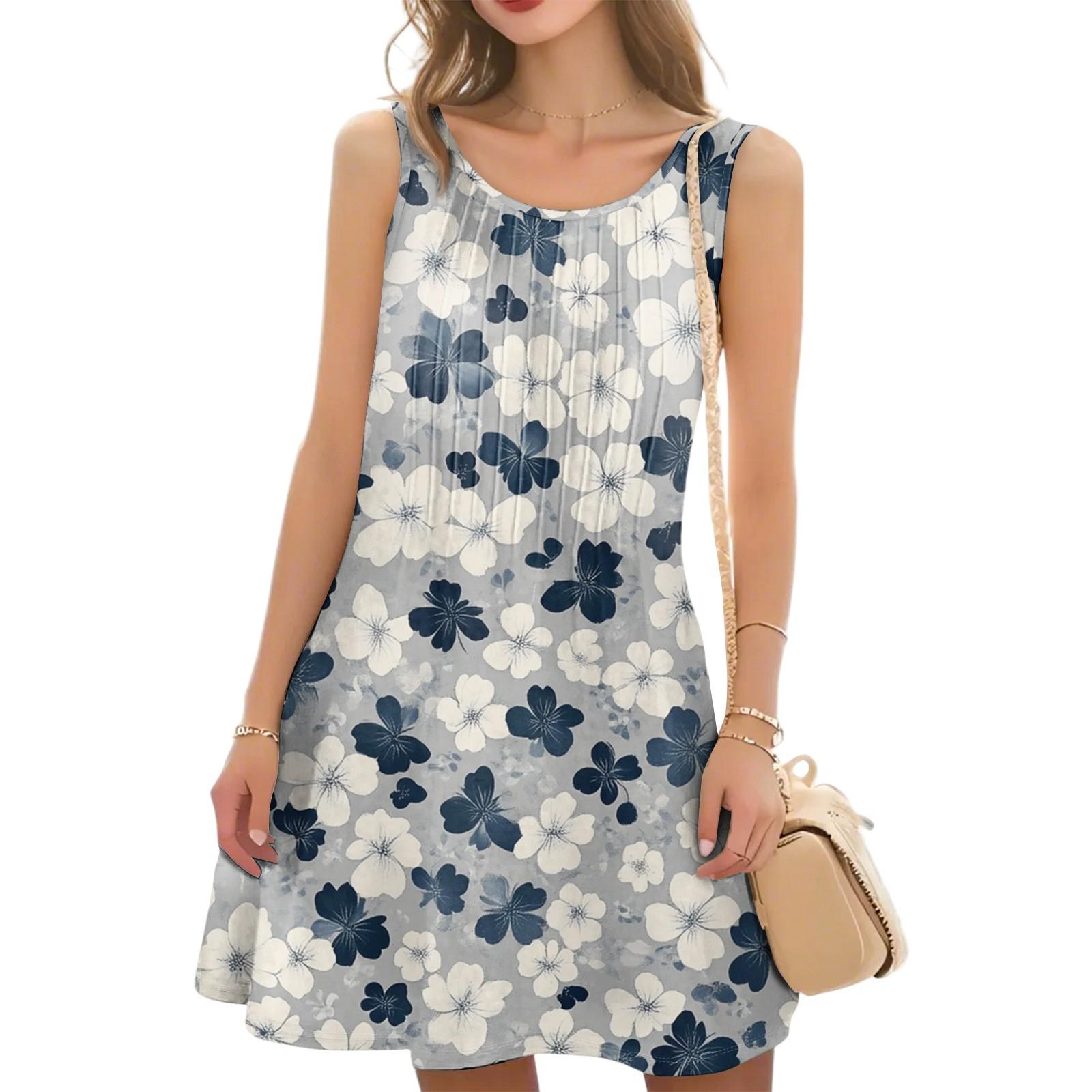 Women s Casual Fashion Floral Print Round Neck Sleeveless  Dress XL