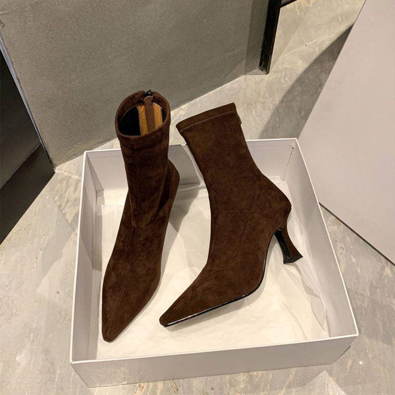 

Brown Short Boots Women s High-heeled Thin-heeled Suede Pointed Rear Zipper 2026 New Winter Korean Version Elastic Thin Boots 40