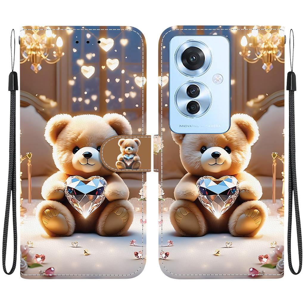 Handmade PU Leather Flip Case for Oppo Reno11 F/Oppo F25 Pro Anti-Slip Shockproof Cover with Wrist Strap & Heart/Rose Cat Designs