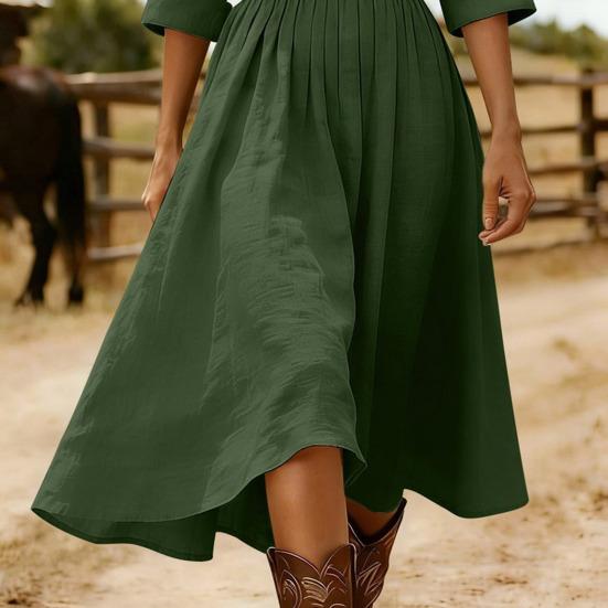 Damen Baumwoll-Leinen Midi Kleid Lässig Rundhalsausschnitt Langarm Schwingkleid Sommer Falten A-Linie Fließendes Kleid