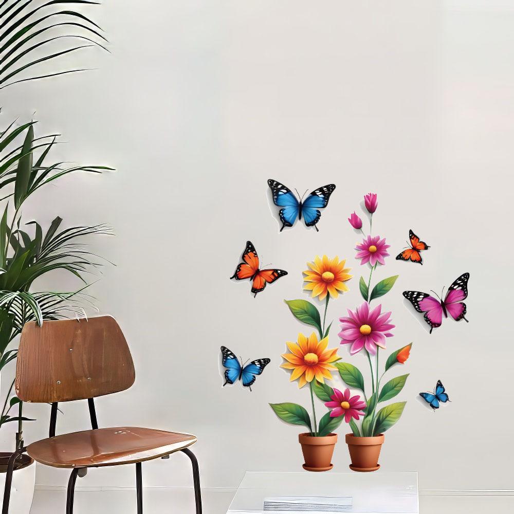 Self-adhesive Creative Colorful Butterflies Flowers Potted Plant Wall Stickers for Living Room TV Bedroom Headboard Home Decor