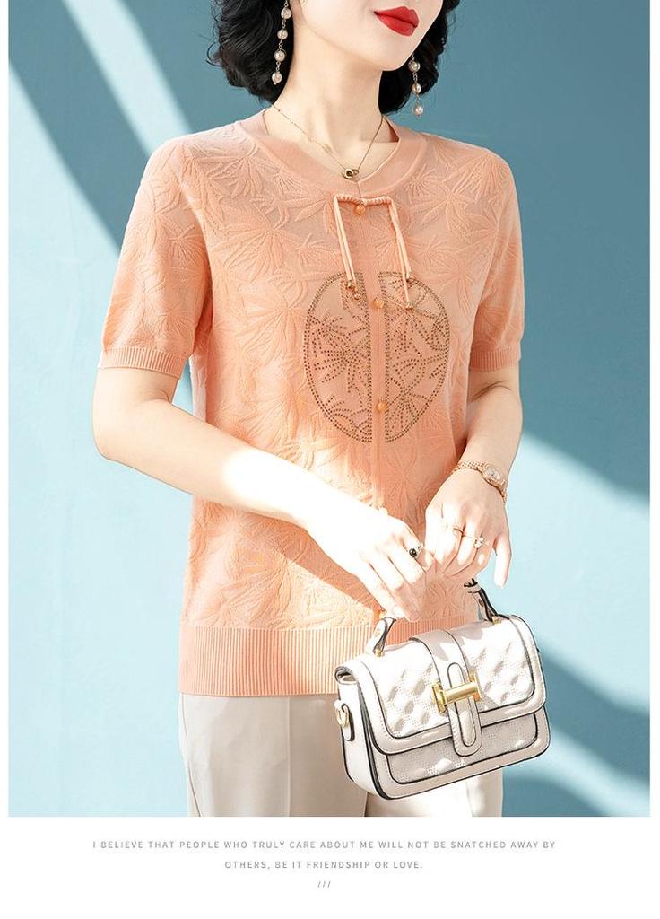 2026 Ice Silk Short-Sleeve Top: Fashionable Summer Blouse for Middle-Aged and Elderly Women