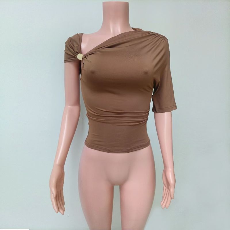 

Western Style New Fashion Slim fit Sexy Sloping Shoulder Short sleeve T-shirt Top Sexy Metal Studded Top Brown S