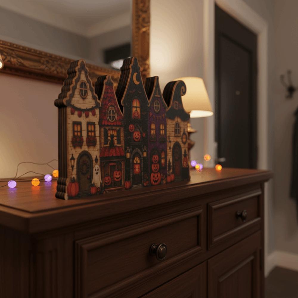 Multi-layer Halloween Village Decor Wooden Rustic Autumn Ornament Coffee Bar Table