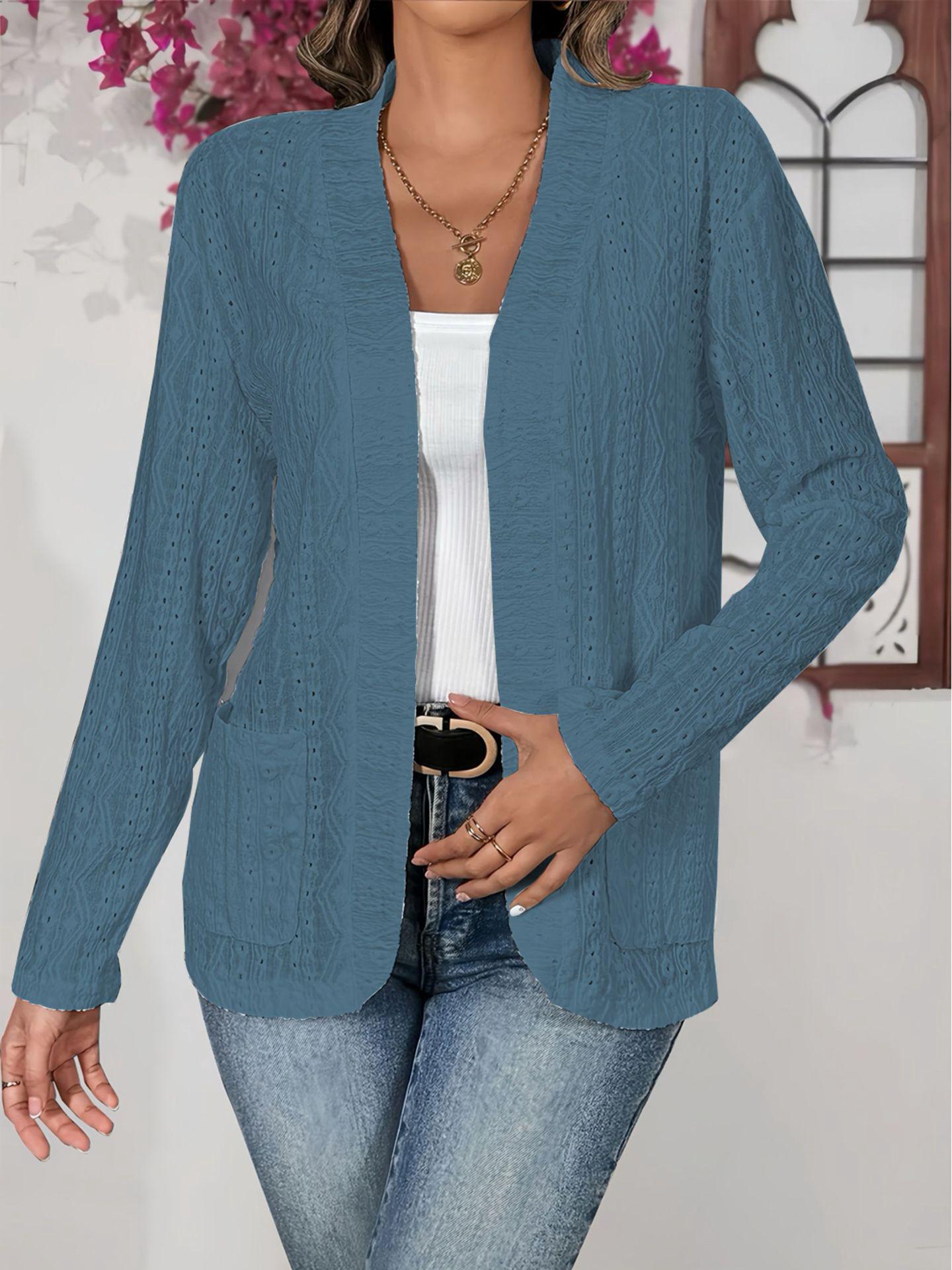 

Элегантный однотонный кардиган-пальто с длинным рукавом и карманами - Осенняя коллекция 2025 M синий