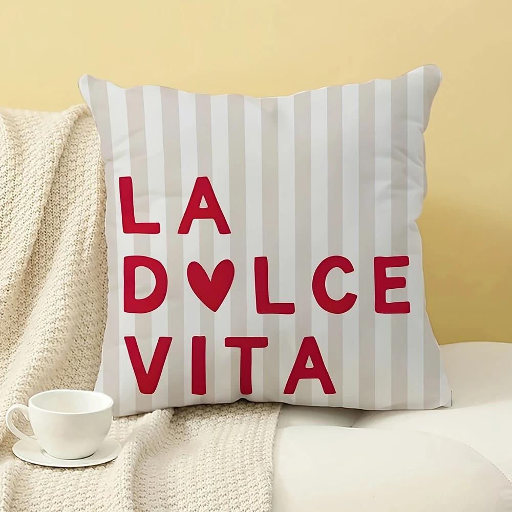 2D-Flat decorative cushion covers with striped design and various Italian quotes for sofa and chair.