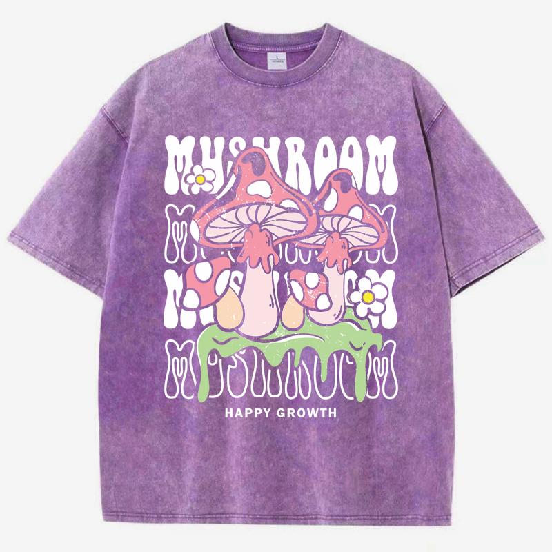 Creative Mushroom Letter Print Women Washed T-Shirt O-Neck Casual T Shirts Cotton Soft Clothes Loose Short Sleeves
