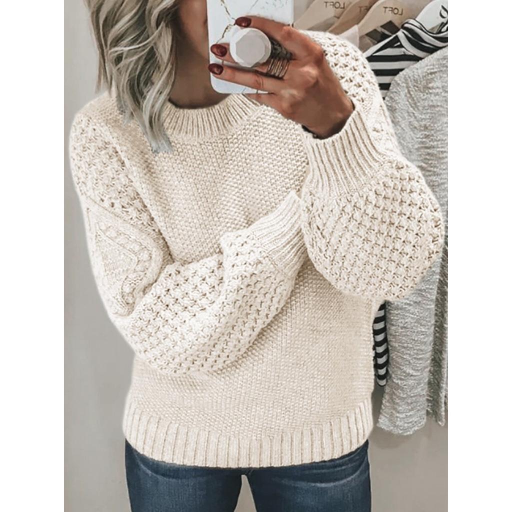 Women's Casual Round Neck Sweater - Long Sleeved, Ribbed Texture, Soft and Comfortable, Spring and Autumn Clothing | Round Neck Sweater | Texture