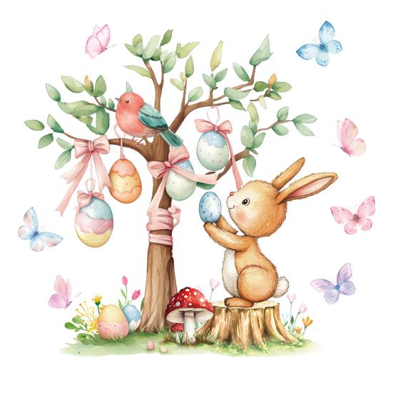Easter Bunny Window Sticker Waterproof PVC Self-adhesive Home Office Living Room Colorful Egg Tree Rabbit Wall Art Decoration Decal