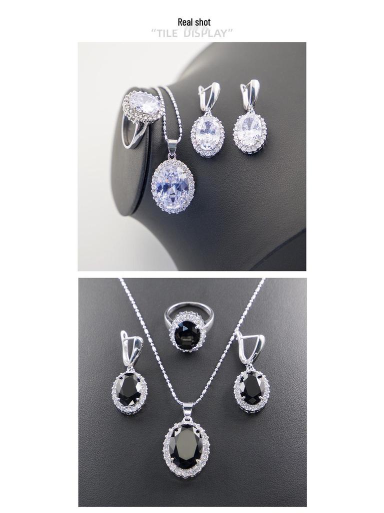 European-American Zircon Jewelry Set: Ring, Necklace, Earrings - Three-Piece Inlaid Zircon Collection