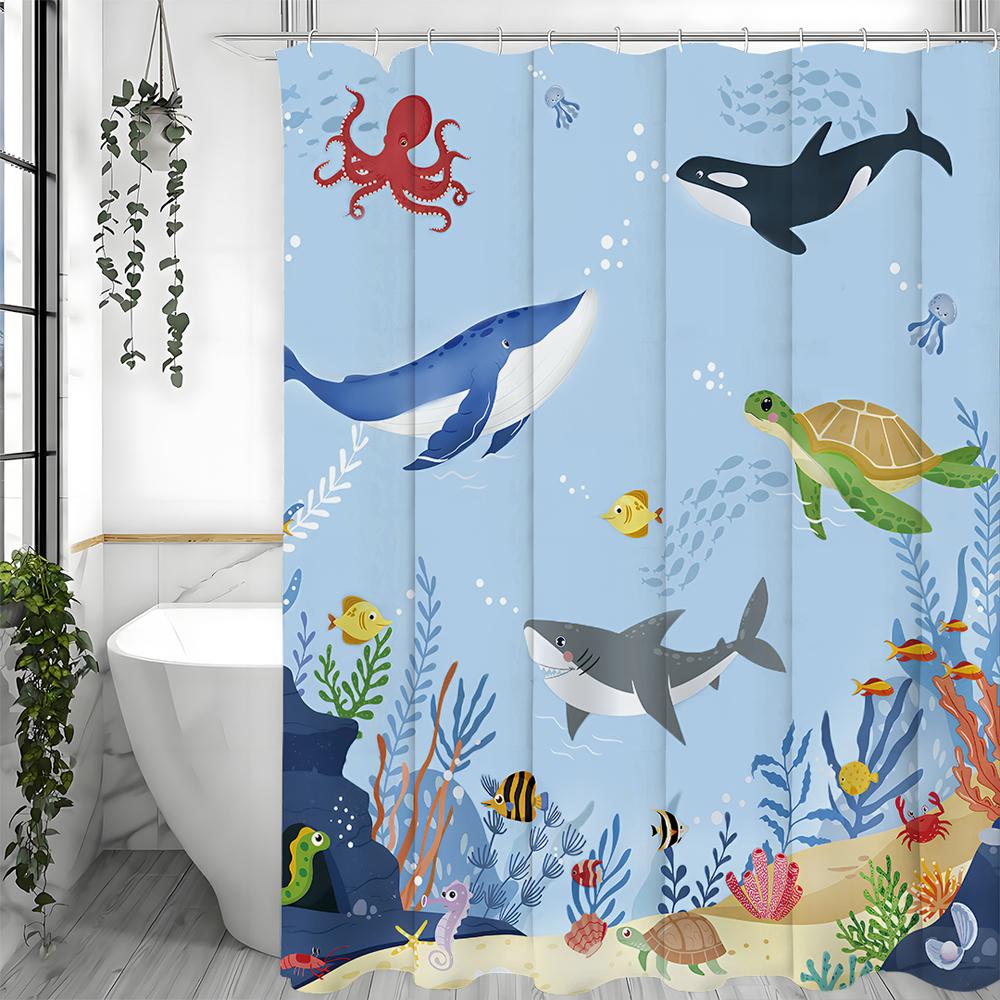 Underwater World Cartoon Whale Turtle Octopus Coral Shower Curtain, Bathroom Decorative Shower Curtain, Waterproof Shower Curtai