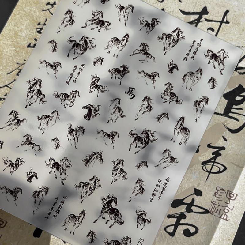 Ink Painting Style Vivid Black White Horse Self Adhesive Nail Art Sticker Diy New Year Decoration Manicure Decal