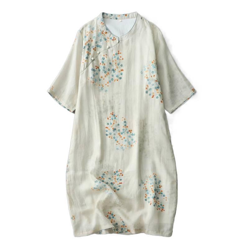 Elegant Chinese-Style Slim-Fit Qipao Dress - Summer Cotton Linen, Stand Collar, Diagonal Placket, Mid-Sleeves