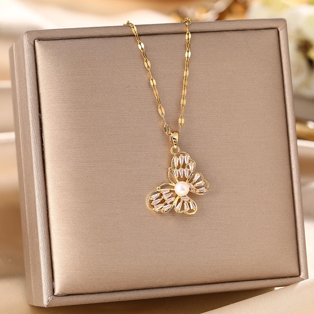 Korean Butterfly Tassel Luxury Diamond Titanium Steel Necklace - Women's Versatile Clavicle Jewelry