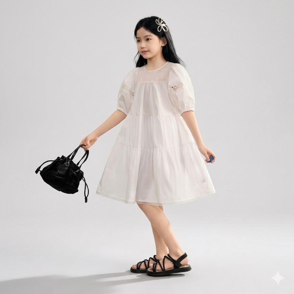 Big Girls Puff Sleeve Short Sleeve Princess Dress Casual Summer Sweet Kids Dress 130cm