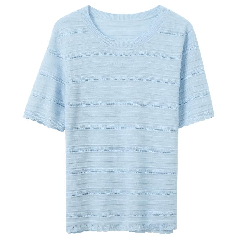 Women s Textured Hollow-out Round Neck Short Sleeve Knit Top S 155/80A