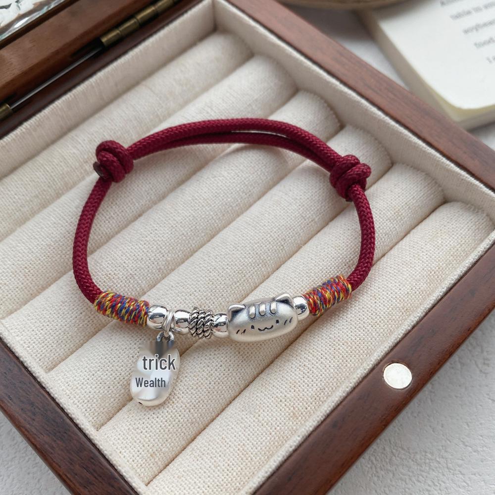 Sterling Silver Lucky Cat Red String Bracelet - Women s Chinese Style Light Luxury Jewelry Pure Silver