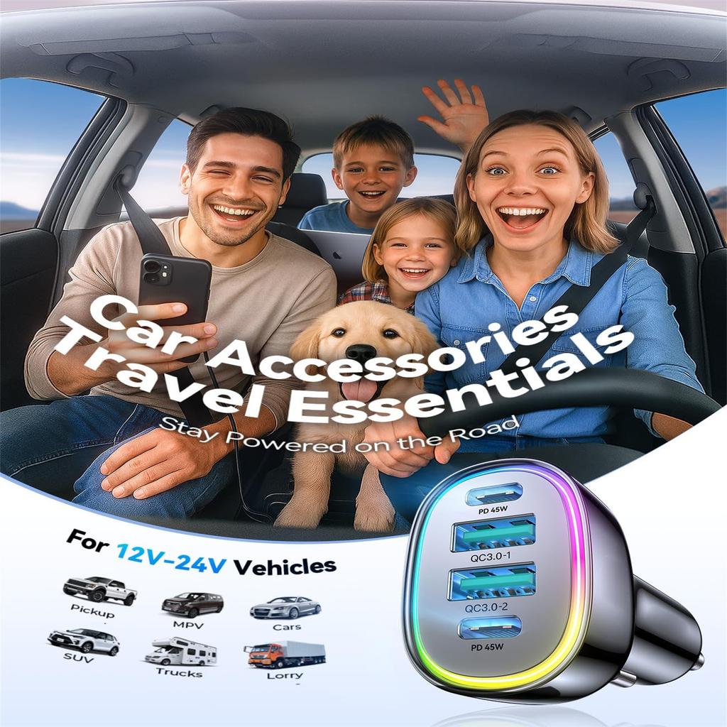 Car Charger USB C, 4 Port Car Charger Adapter For Phone Fast Charging, Road Trip Fast Lighter Adapter