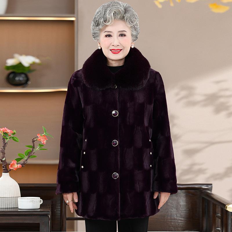 Plus Size Middle Aged Elderly Women Mink Coat Winter Thicken Cotton Padded Faux Fur Jacket High End Grandma Velvet Fur Overcoat