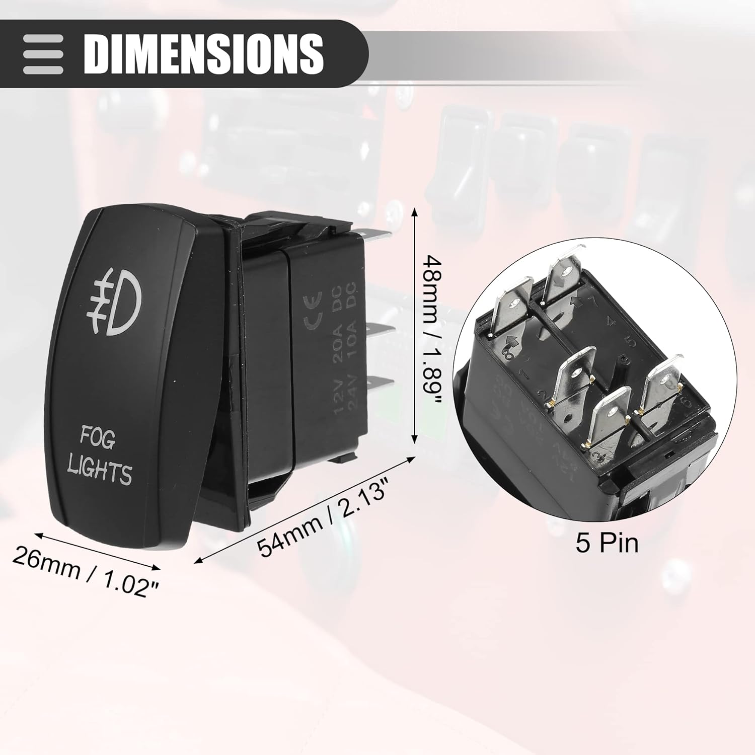 

Motoforti Universal Fog Lights, 5 Pin Toggle Rocker SPST Switch Laser ON/OFF Button, 20A/12V 10A/24V, Waterproof for Car, Plastic, White LED Lighted червоний