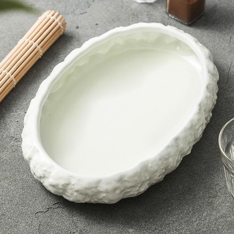 Beige Glazed Rock Patterned Ceramic Soup Plates, Tableware, Oval Fish Plates, Seafood and Sashimi Feast Plates, Kitchen Utensils