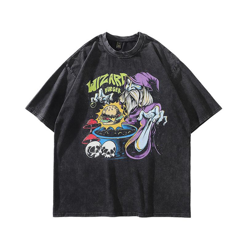 American Vintage Wash Do Old Vintage Spoof Direct Injection Printing Oversize Retro Short Sleeve T-Shirt Men