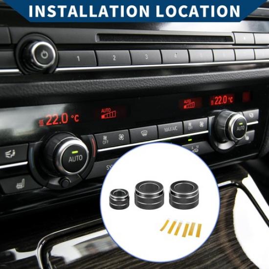 AC Radio Volume Control Switch Knob Cover Ring for BMW F10 2008-2015 Black 3 Pcs