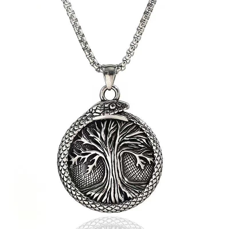 Vintage Double Sided Tree of Life Rune Pendant Necklace for Men Stainless Steel