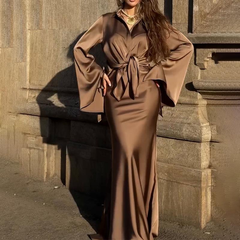 2025 Autumn Satin Flared Sleeve Shirt & Bodycon Skirt Set for Women