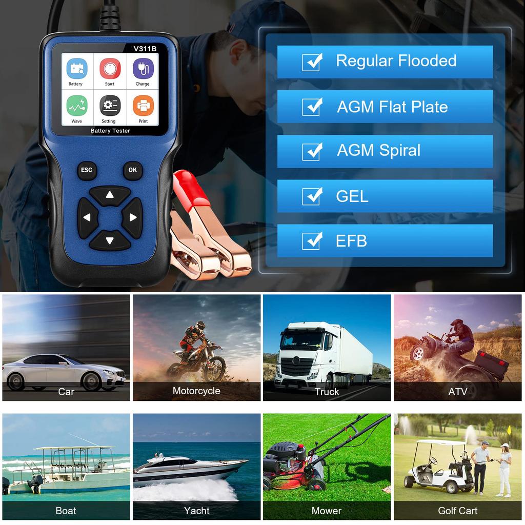 12V Car Battery Tester, 100-2000CCA Fast Accurate 12V Battery Load Tester, Digital Battery Analyzer for Car Truck Motorcycle ATV SUV Boat Yacht