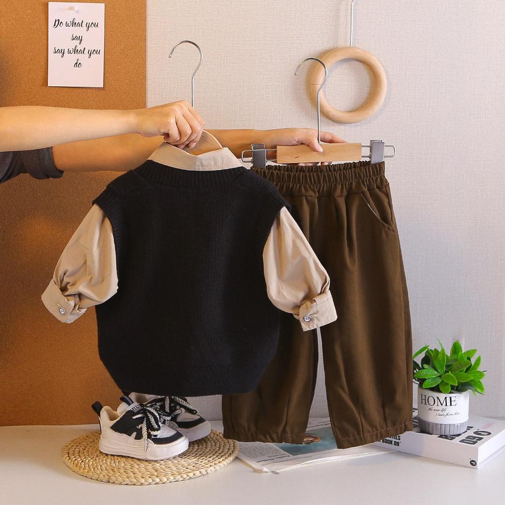 2026 Spring Children's Knit Vest & Long Sleeve Three-Piece Set - Korean Style Fashion for Boys