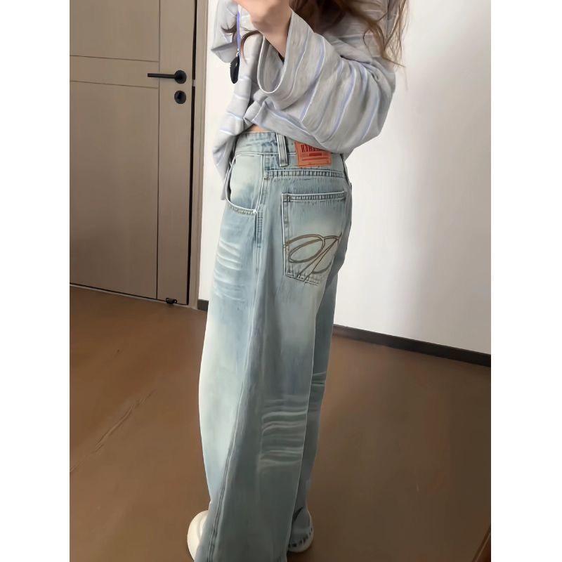 

Пряная Девушка Карманный Нож Боуи Вышитые Джинсы: Осенние выстиранные, свободные, стройнящие брюки палаццо в пол для женщин 2XL 68kg-75kg