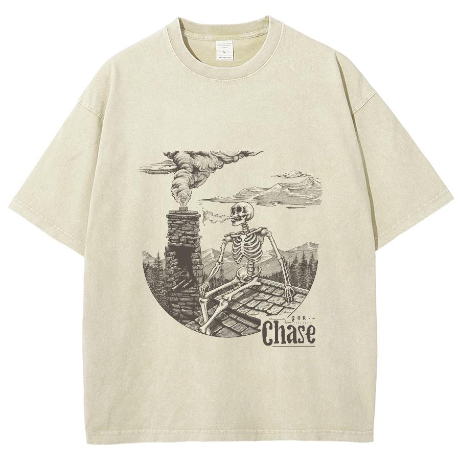 Cartoon Skull City Industrial Print Cotton Wash T-Shirt Women's Men's Oversized Crew Neck Short Sleeve Design Niche Top