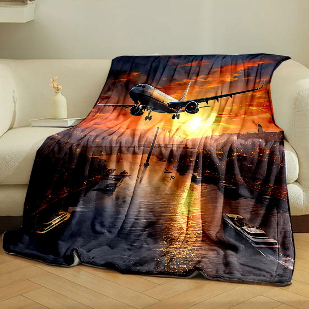 Airplane Flying Over Sunset Cityscape Print Blanket Soft and Cozy Perfect for the Living Room Bed Sofa or a Nap,gift