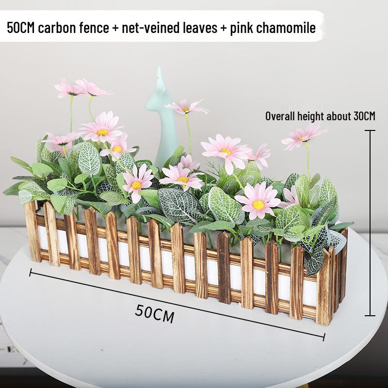 Silk Flower Pot with Wood Fence: Decorative Bonsai for Living Room or Office.