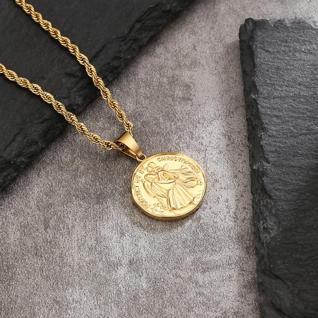 New Coin Jewelry Necklace Men Women Waterproof Compass Lion ST CHRISTOPHE 18K Gold Plated Stainless Steel Coin Necklace Pendant