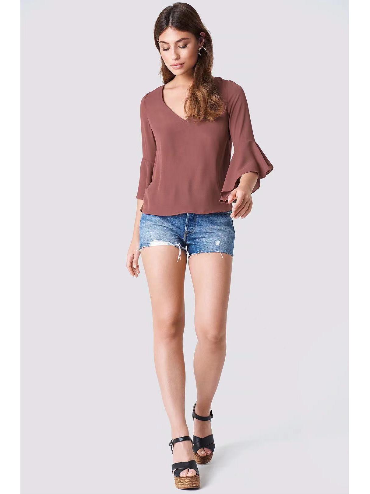 

Европейский и американский шифоновый топ с V-образным вырезом и рукавами-трубами - Дизайн со шнуровкой на спине M кирпич красный