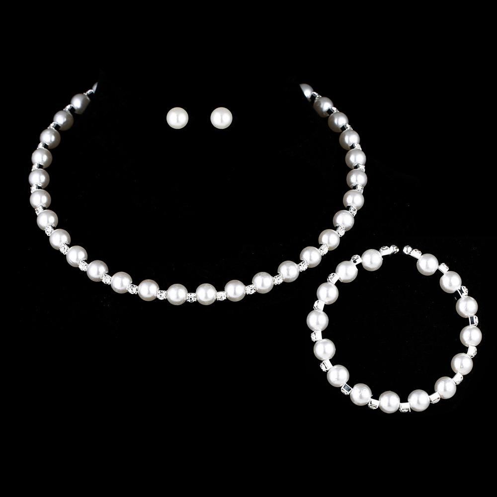 Pearl Steel Wire Rhinestone Necklace Earrings, Bracelet Jewelry Set, Wedding Jewelry Three-piece Set