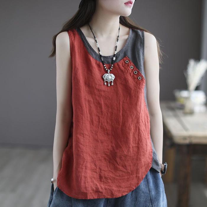 Women's Asymmetrical Cotton Linen Camisole with Button Detail