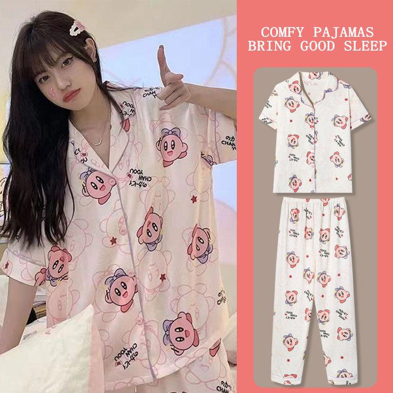 Japanese Kitty Cat Pajamas Women's Summer Thin Short-sleeved Trousers Loose Plus Size Girl Raw Loungewear Set