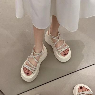 2025 Summer New Rhinestone Beautiful Platform Roman Beach Sandals White Fairy Style Temperament Sandals Women Wear