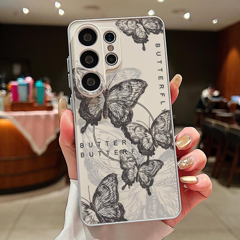 Magnetic For Magsafe Case For Samsung Galaxy S26 Ultra S25 Edge S24 Plus S23 FE S22 A54 A55 A56 5G Retro Butterfly Print Matte Cover