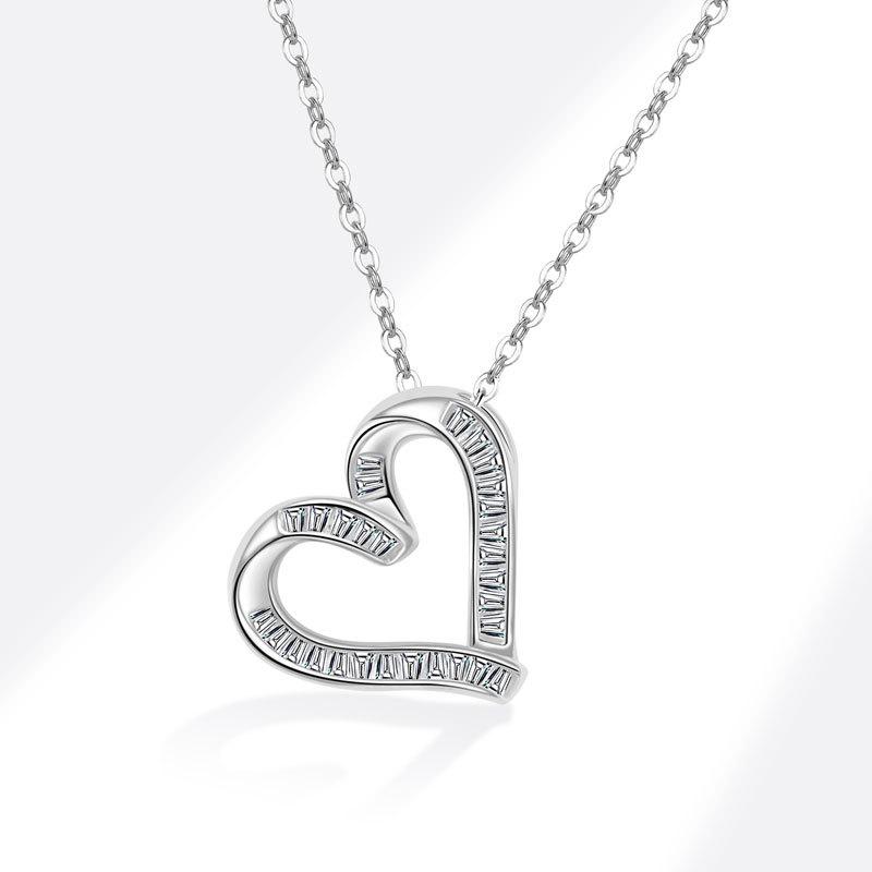 925 Sterling Silver CZ Zircon Heart-shaped Pendant Necklace Rhodium Plated Woman Fashion Jewelry Heart Clavicle Chain 18inches&platinum серебряный