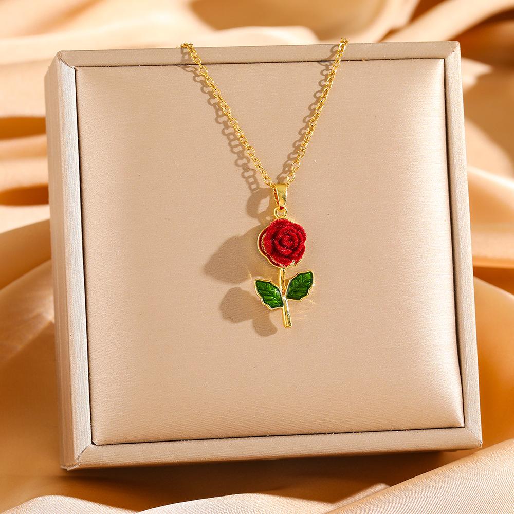 Titanium Steel Rose Flower Pendant Necklaces, Gold Plated Enamel Romantic Jewelry for Daily Wear & Gift
